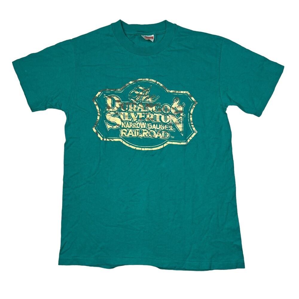 Vintage 90s Durango & Silverton Railroad Train Tee T-Shirt FLAW Teal Medium